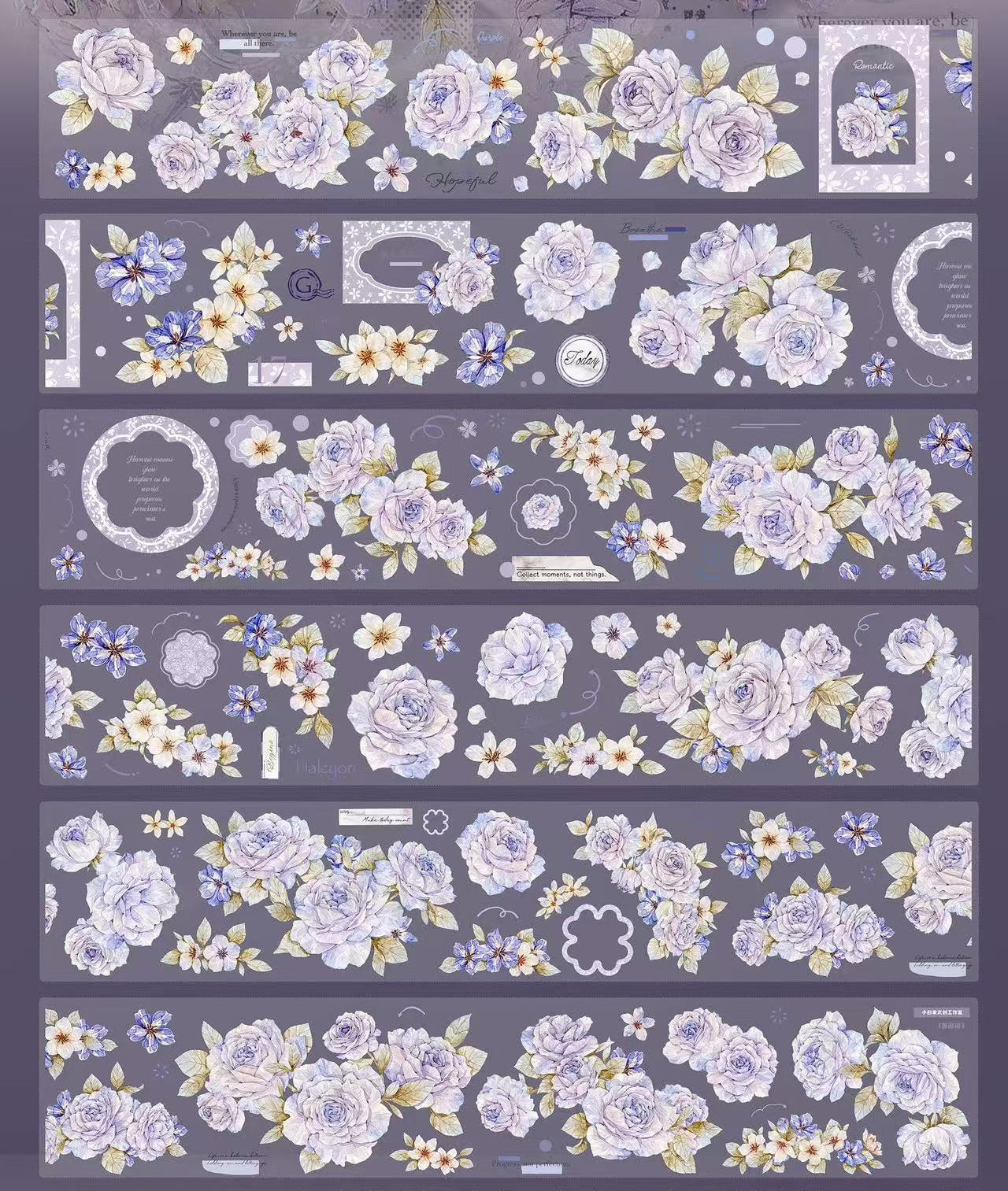 Set of decorative floral stickers on a dark background