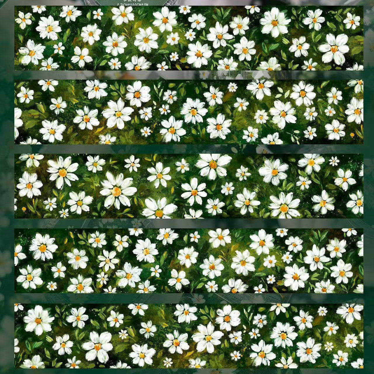 Rolls of floral tape with white flowers on a green background