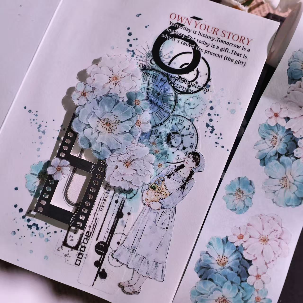 5.5cm*100cm Vintage Hazy Blue Floral Tape