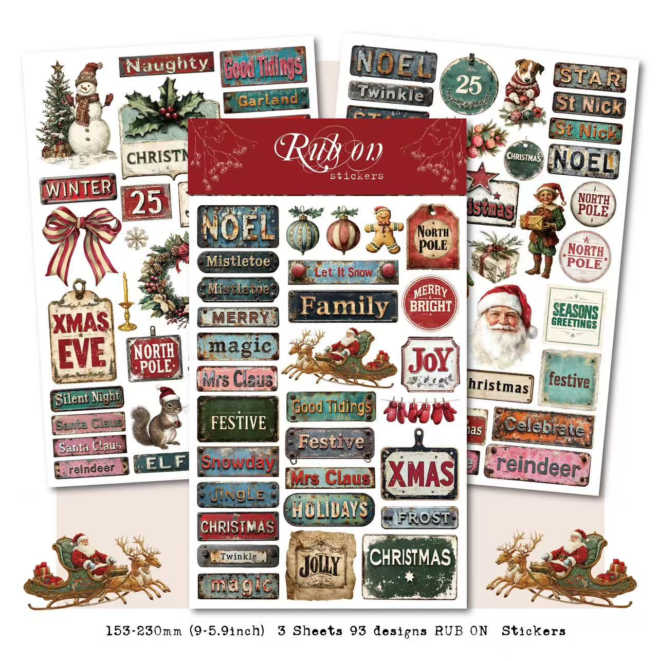 Vintage Christmas Phrase Rub-On Stickers