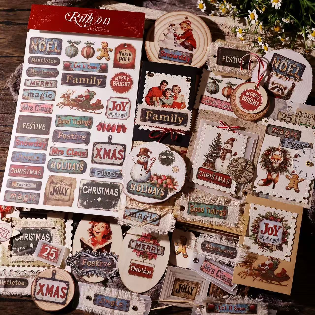 Vintage Christmas Phrase Rub-On Stickers