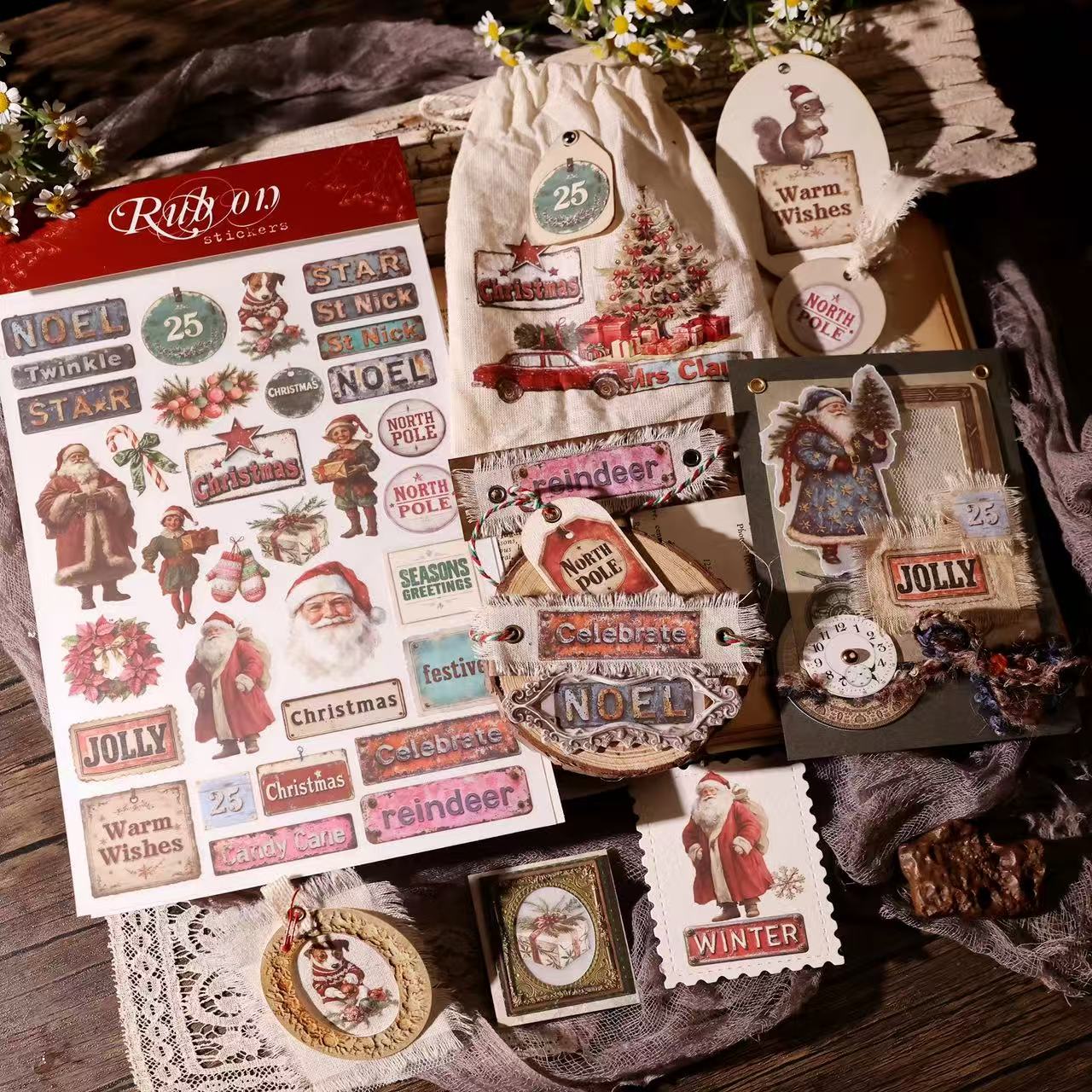 Vintage Christmas Phrase Rub-On Stickers