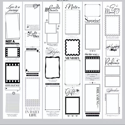 A sheet of black-and-white decorative text and frame templates labeled in Chinese, showing multiple rectangular, square, and rounded border designs with phrases such as 'Love is a journey,' 'Memory,' 'Gift,' and 'Surprise.'.