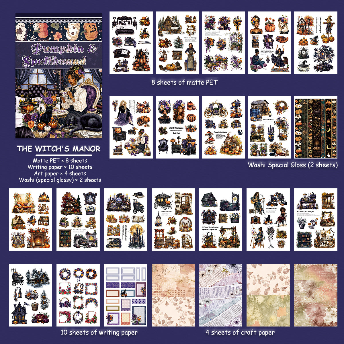 A collage-style product sheet showing multiple Halloween-themed sticker or decal designs under the title 'Pumpkin & Spellbound' and 'The Witch's Manor,' along with labeled sheets of matte PET, special gloss, writing paper, and crefft paper. This is not a clean single-product studio shot and not a person/environment scene, so it fits Other rather than Product/Packaging or Lifestyle.