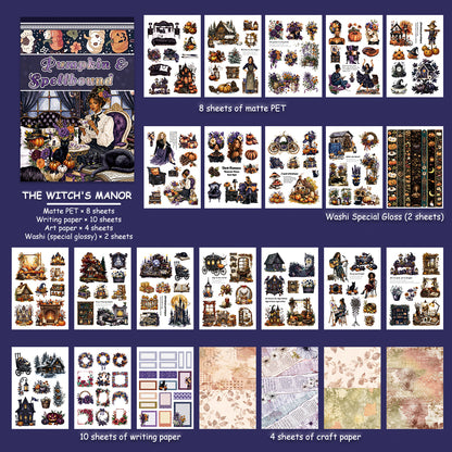 A collage-style product sheet showing multiple Halloween-themed sticker or decal designs under the title 'Pumpkin & Spellbound' and 'The Witch's Manor,' along with labeled sheets of matte PET, special gloss, writing paper, and crefft paper. This is not a clean single-product studio shot and not a person/environment scene, so it fits Other rather than Product/Packaging or Lifestyle.