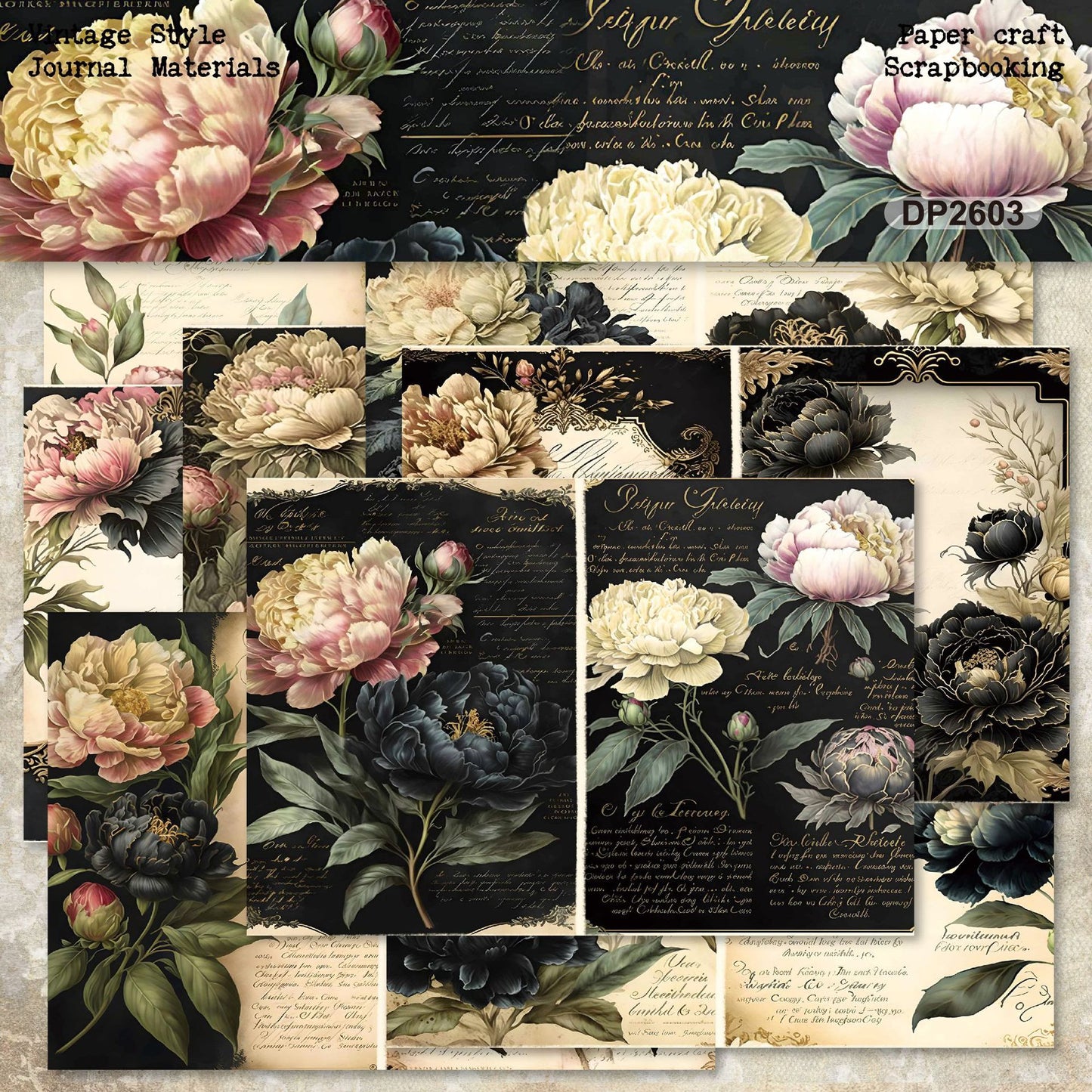 Midnight Peony Journal Papers 8pcs