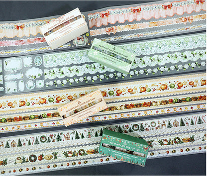 A flat lay of multiple decorative washi tape rolls and sheets with assorted illustrated patterns, shown on a dark background with Chinese text at the bottom.