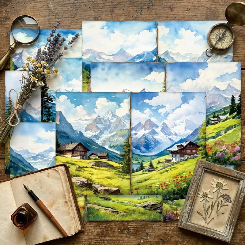 Watercolor Alpine Mountain Landscape Journal Papers 8pcs