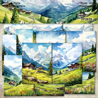 Watercolor Alpine Mountain Landscape Journal Papers 8pcs