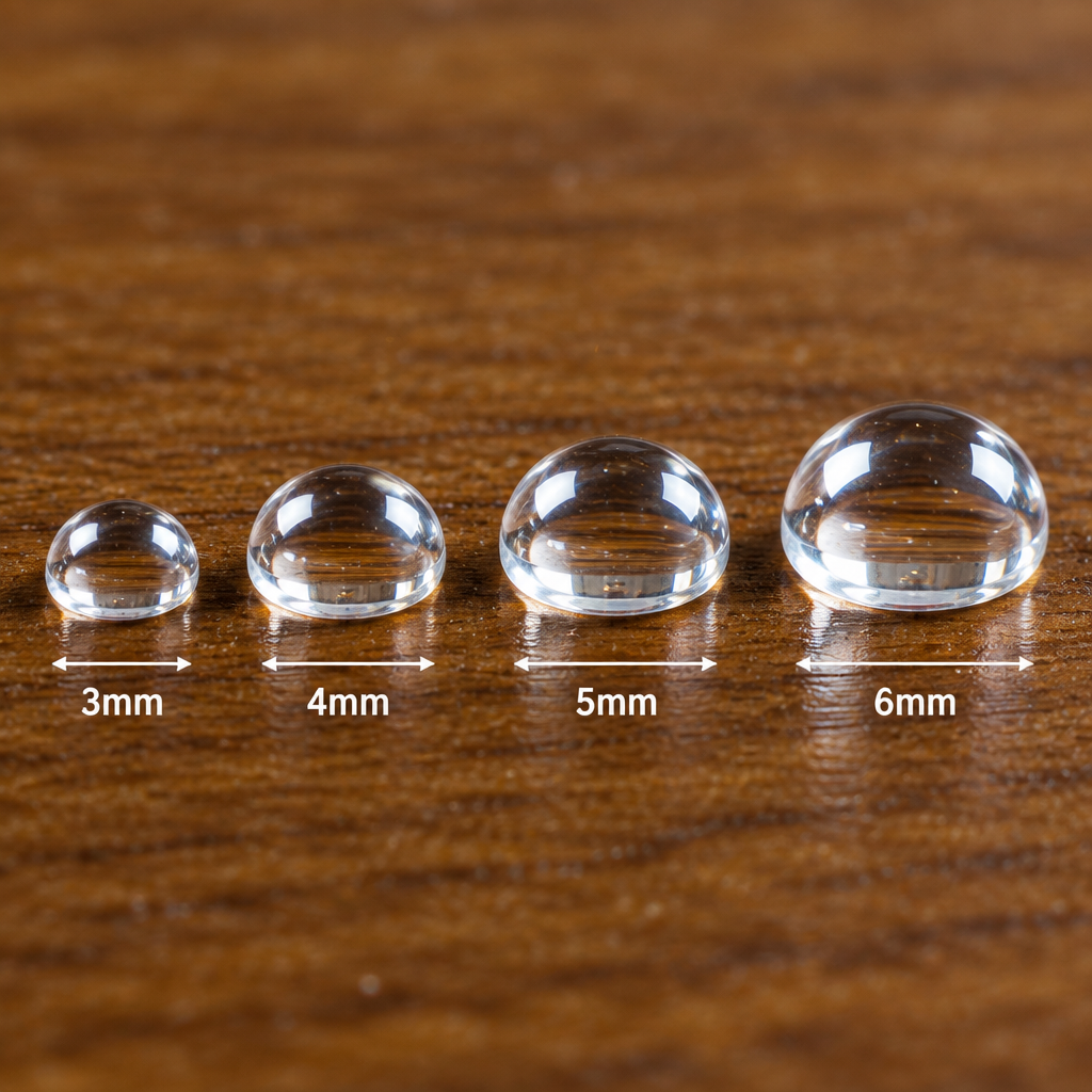 Macro close-up comparison of clear resin dew drops in 3mm, 4mm, 5mm, and 6mm sizes