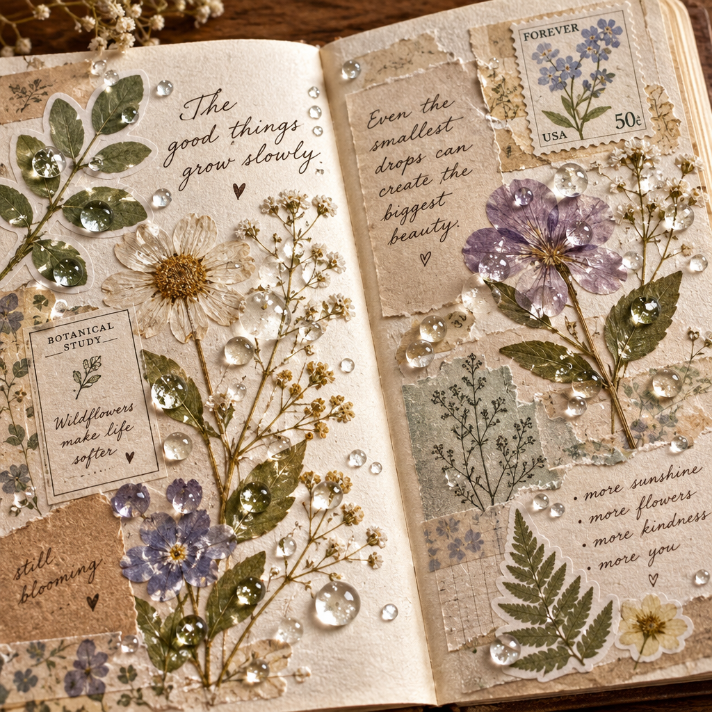 Art journal page spread decorated with floral stickers and 3D transparent dew drops