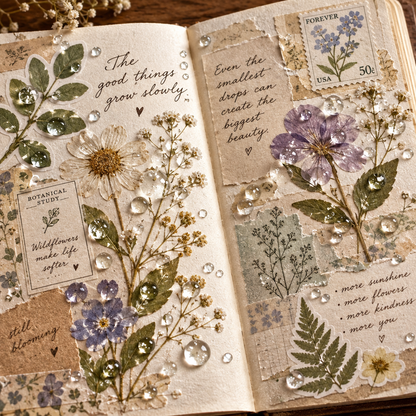 Art journal page spread decorated with floral stickers and 3D transparent dew drops