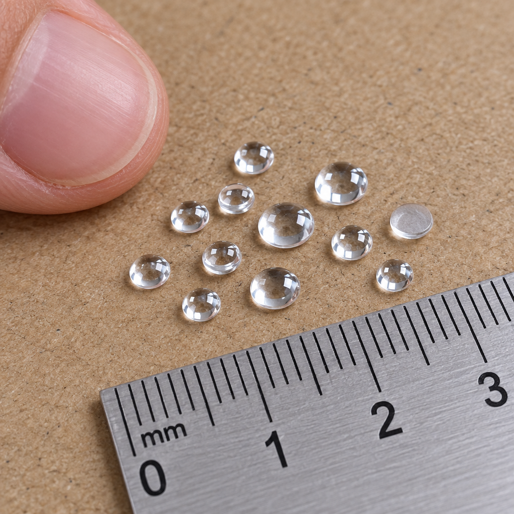 Clear resin dew drops placed beside a ruler and fingertip for scale reference